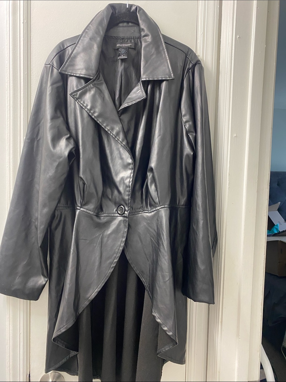 Ashley Stewart Black Faux Leather Draped Hem Jacket